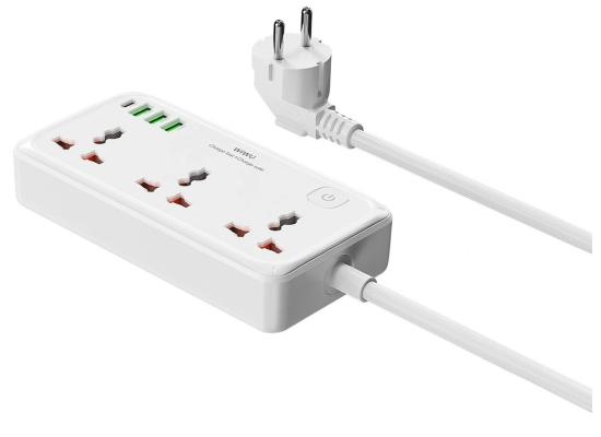 WiWU Wi-S005 7 in 1 High-Capacity Power Strip, 30W PD GaN Fast Charging Port (USB-C), 4000W Max, Output interface: 1xType-C, 3x USB-A, 3xAC - White